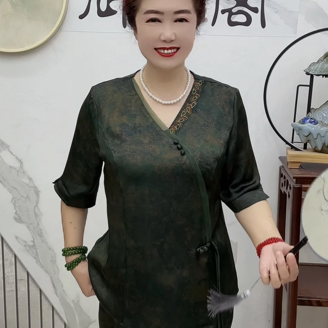 青藤绿/酒红色雨花石新版套装中老年妈妈装气质时尚百搭印花夏季