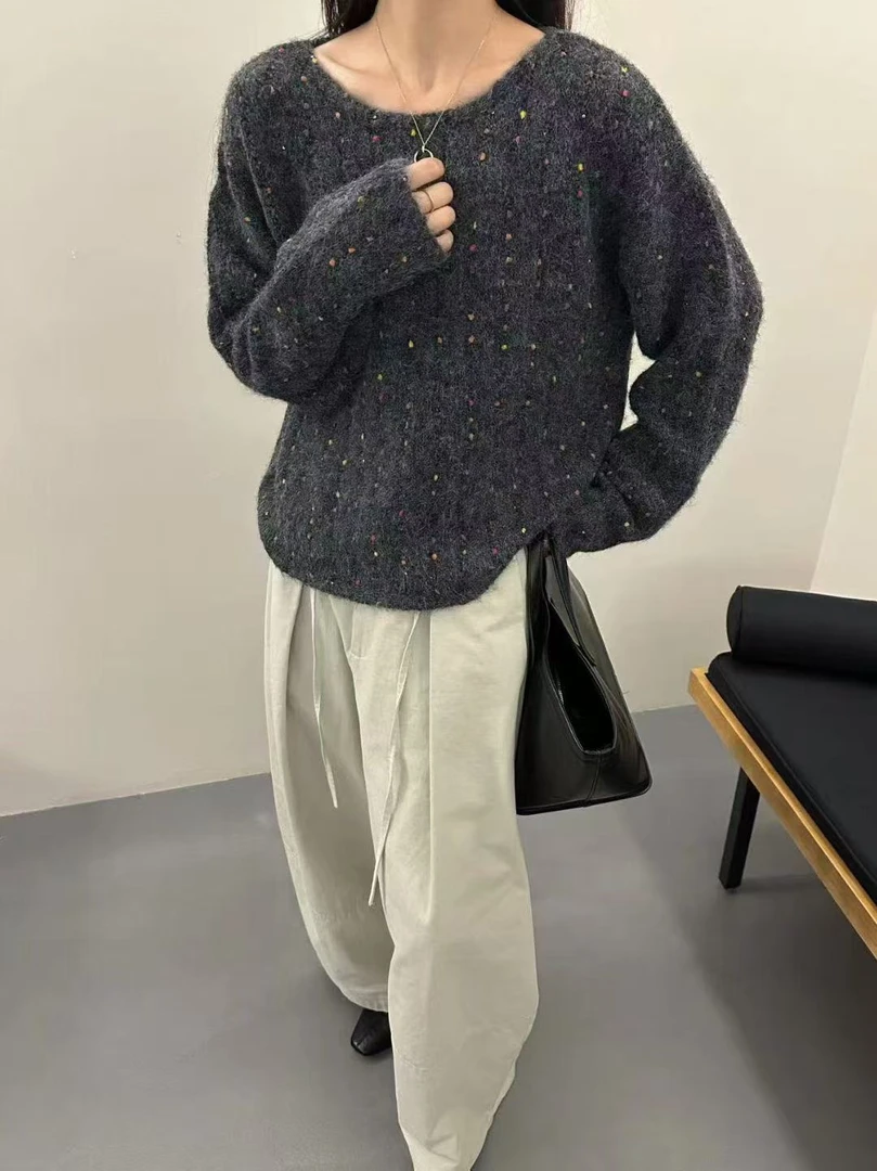 韩版彩色亮片套头针织衫女秋季新款别致宽松百搭上衣长袖慵懒风