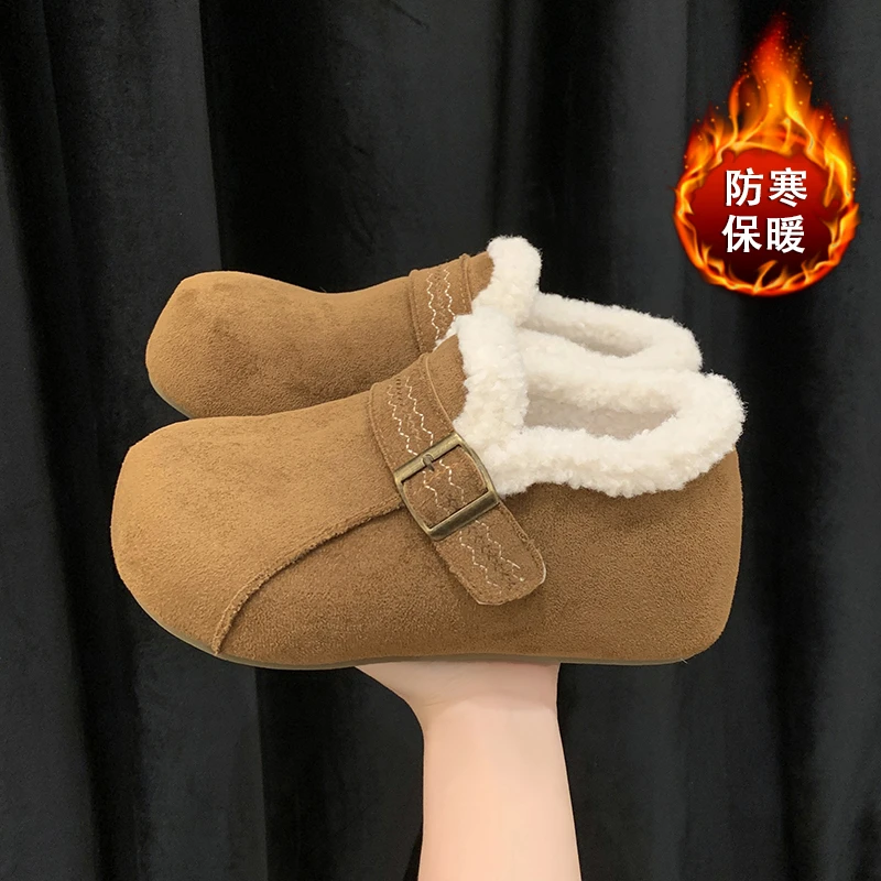 超火加绒毛毛勃肯鞋女2025新款秋冬复古厚底内增高时尚百搭乐福鞋