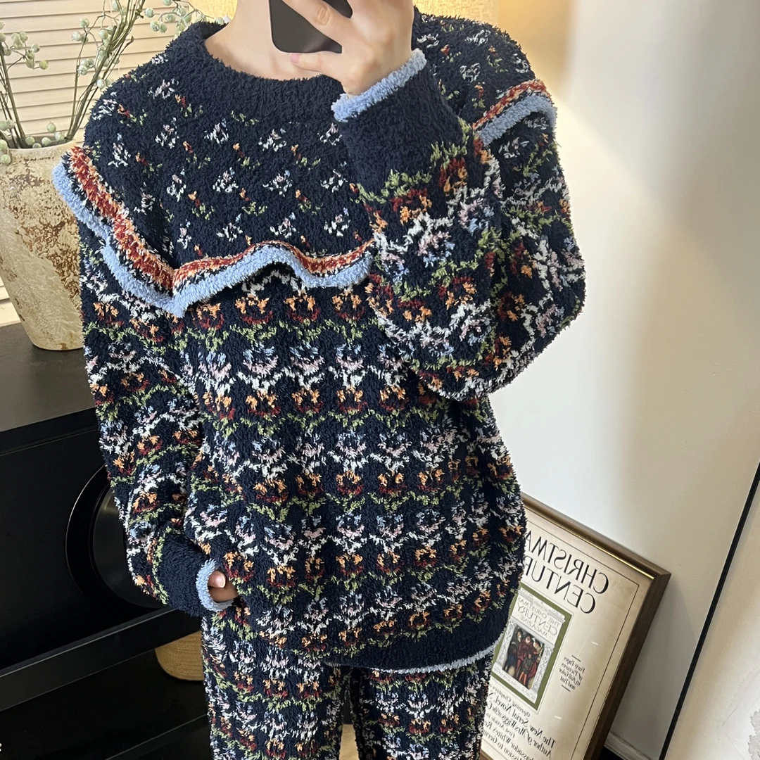 秋冬新款复古雪花加厚保暖睡衣女款宽松休闲可外穿家居服套装