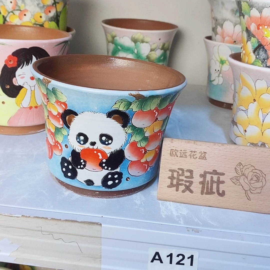 紫砂花盆红陶手绘花盆