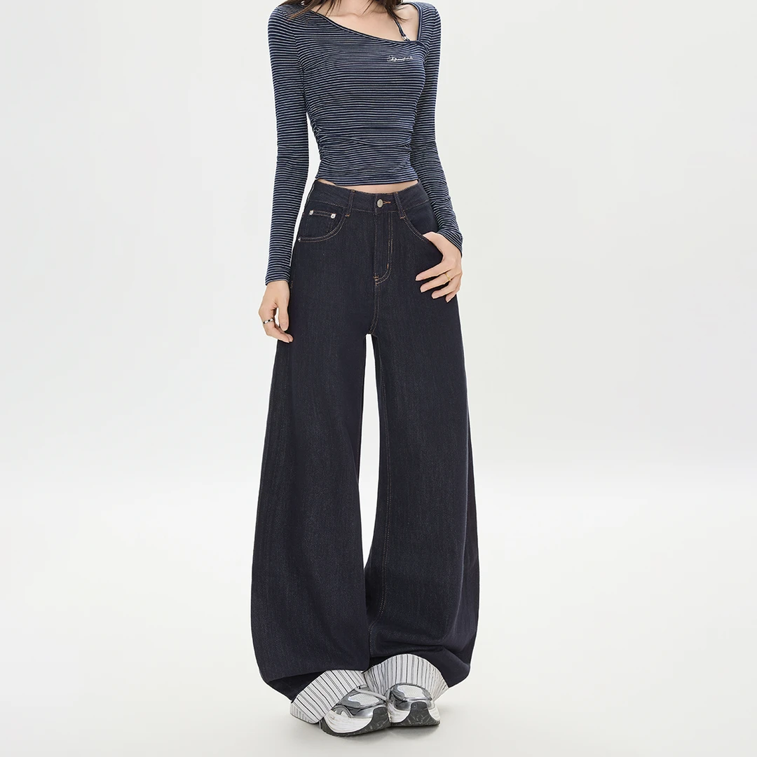 丹宁蓝阔腿牛仔裤女2025秋季新款高腰宽松显瘦垂坠感拼接拖地长裤