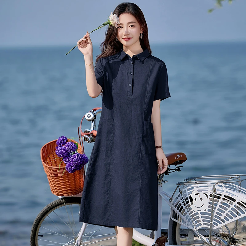 棉麻连衣裙女夏季2025新款休闲遮肚洋气中年妈妈气质翻领亚麻裙子