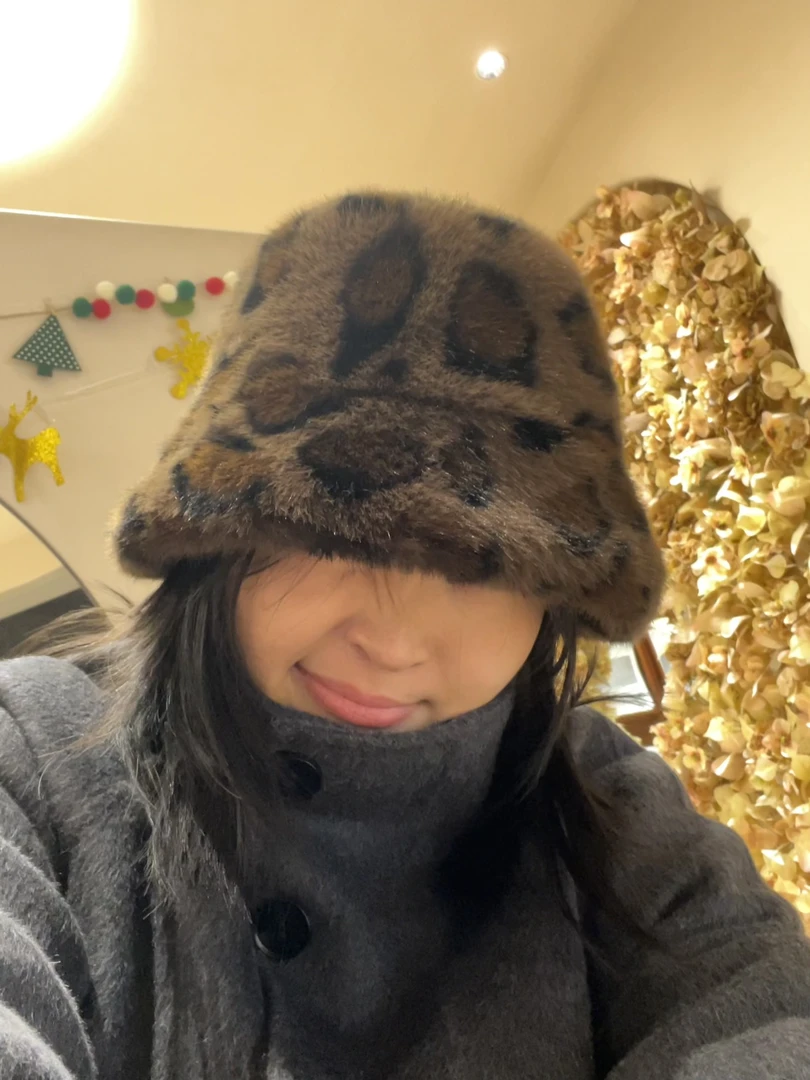 可戴到59头围豹纹仿皮草保暖气质渔夫水桶帽