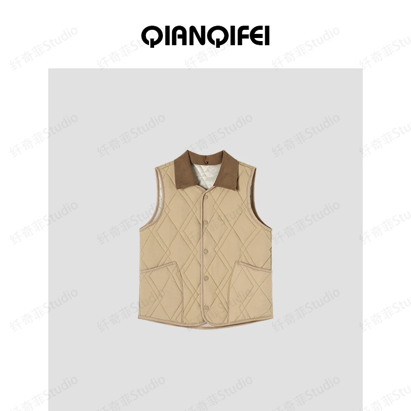 【何琢言专属】新款复古拼接翻领无袖保暖马甲 81052-15701