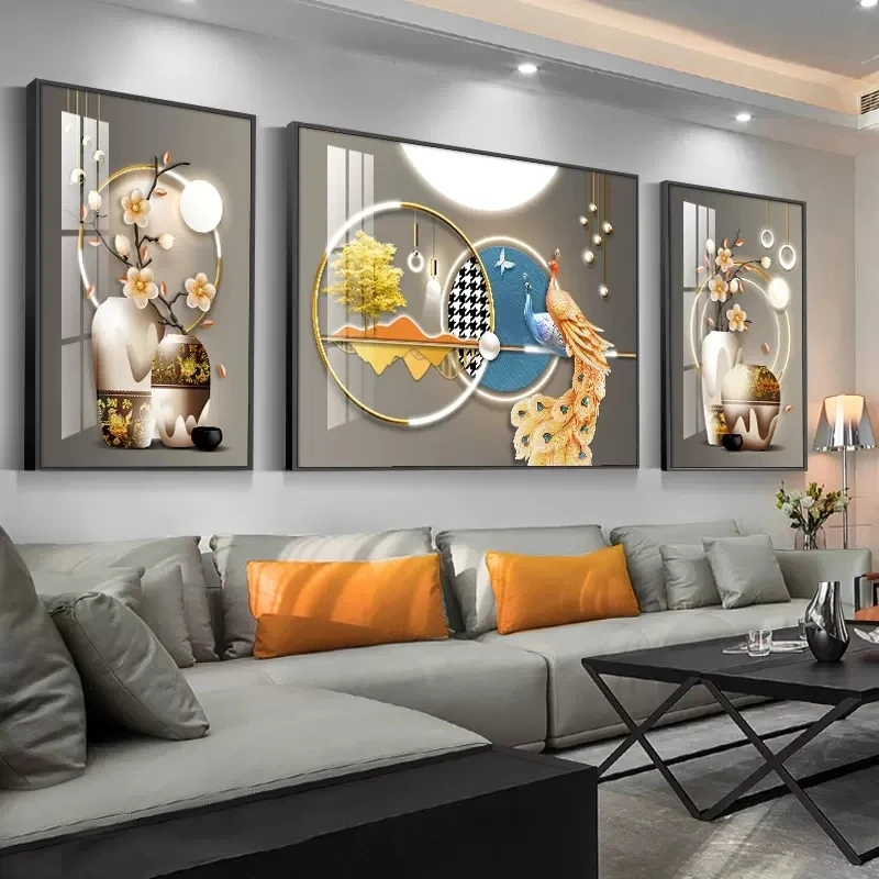 钻石画满钻新款三联画平安富贵孔雀轻奢客厅水晶钻十字绣手工粘钻