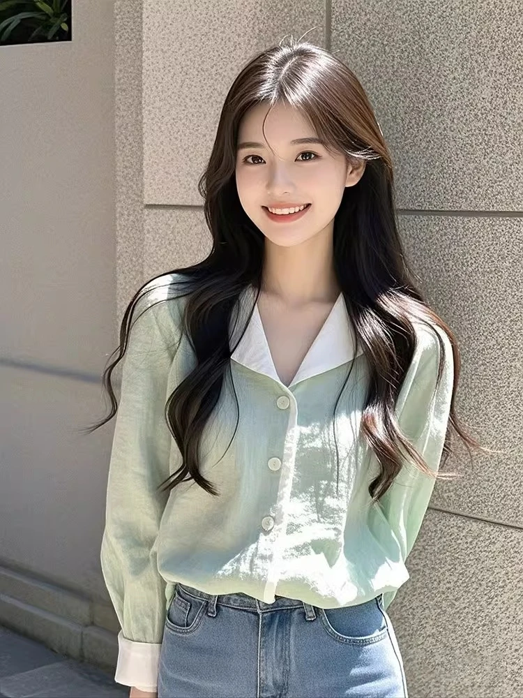 2025春夏新款法式气质上衣通勤穿搭高级感超好看绿色衬衫女装