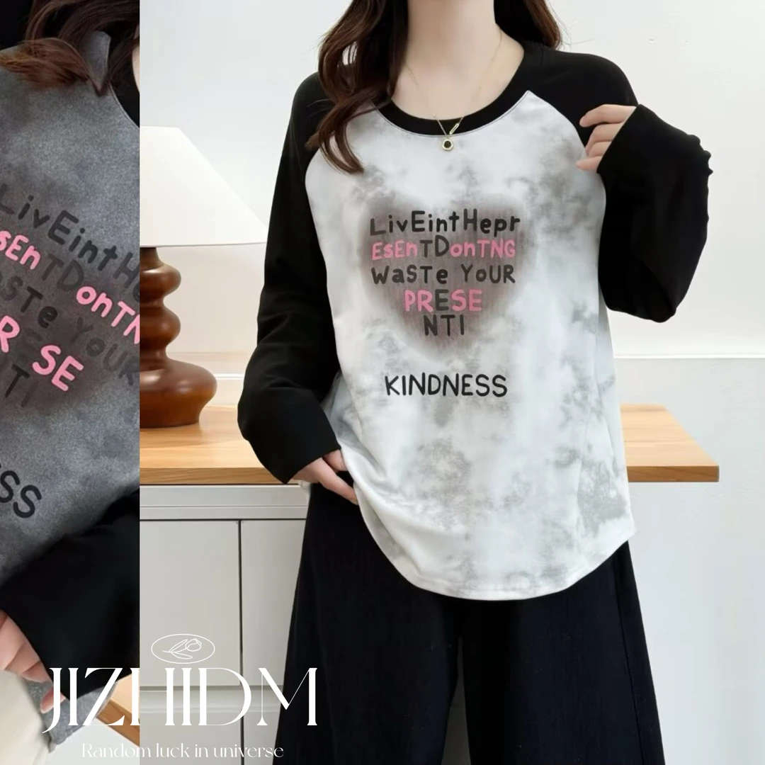 【100-200斤】秋冬双面绒保暖扎染设计撞色拼接圆领长袖卫衣女显瘦