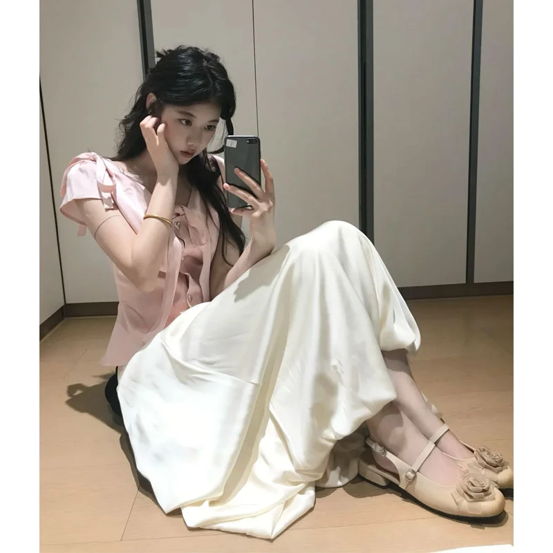 2025夏季超火穿搭套装甜美miu系小众蝴蝶结上衣花苞半身裙两件套