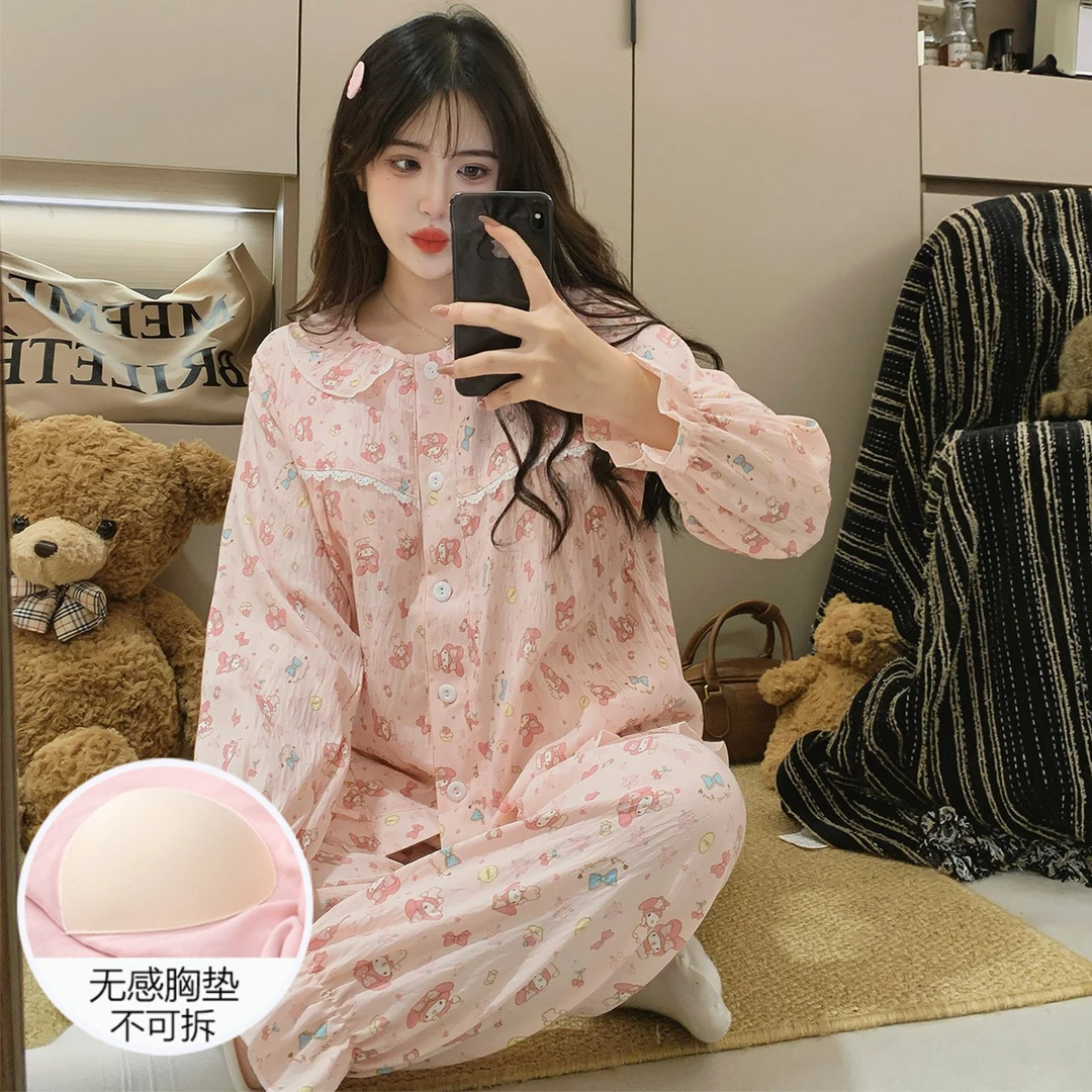 云朵棉甜美风睡衣女春秋冬季长袖带胸垫2025新款美乐蒂套装家居服