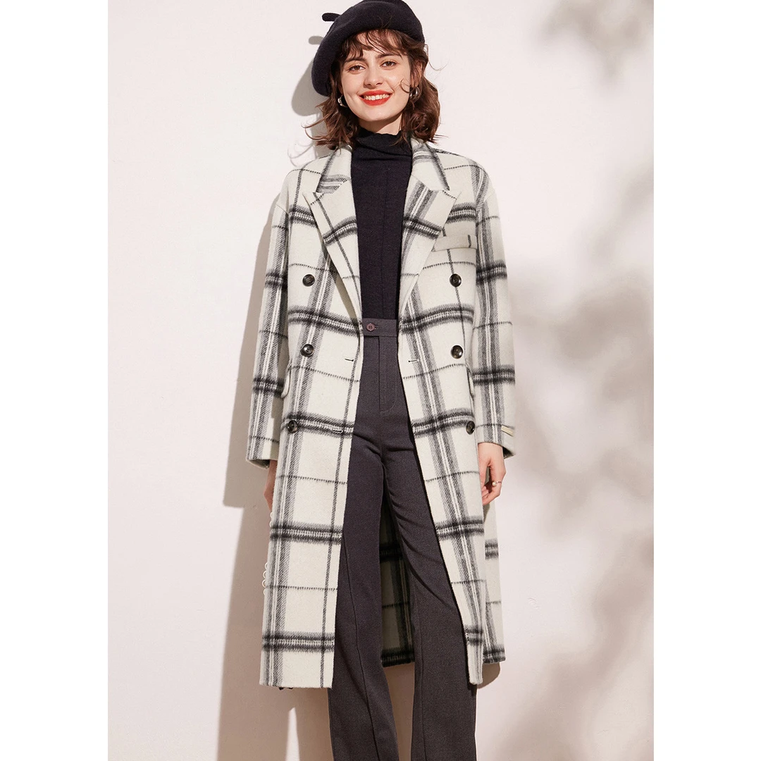 白鹿语时尚格纹双面呢大衣冬新款羊毛混纺双排扣长款外套BX30725