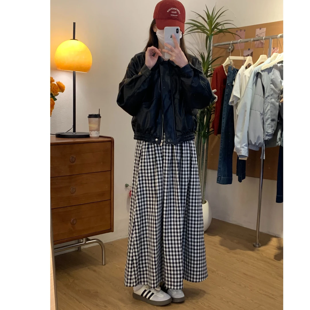 新款复古百搭高腰显瘦设计感小众格纹半身裙长裙女（211）