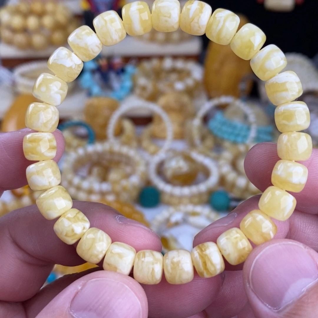 蜜蜡未镶嵌手链瓷白细纹虎皮纹8.3mm