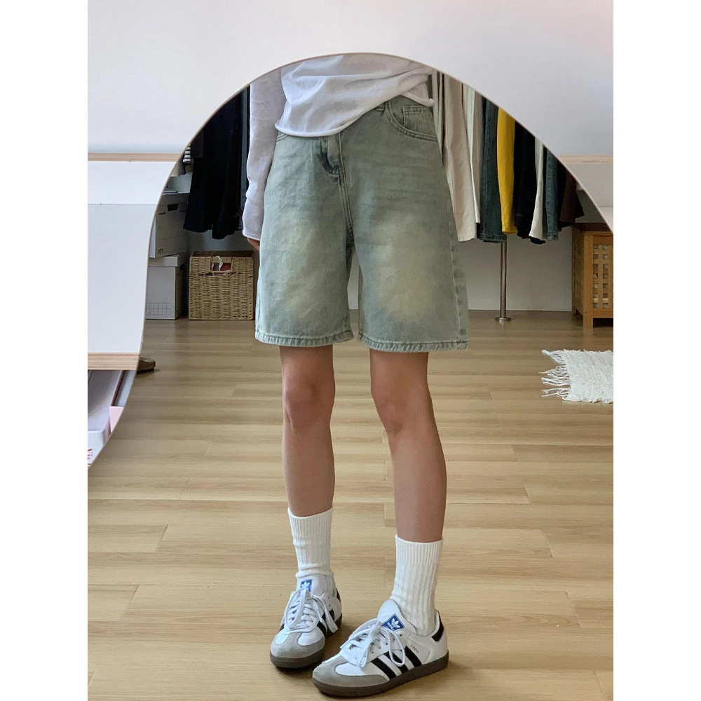 水洗做旧五分牛仔短裤女夏季新款高腰宽松阔腿显瘦百搭直筒中裤子