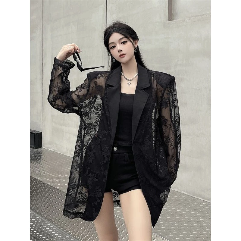 夏季潮流蕾丝拼接垫肩西装上衣镂空气质显瘦休闲西服外套
