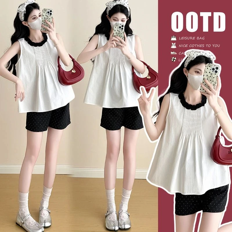 夏季爆款舒适孕妇装洋气高端设计感撞色无袖花边上衣波点短裤夏装