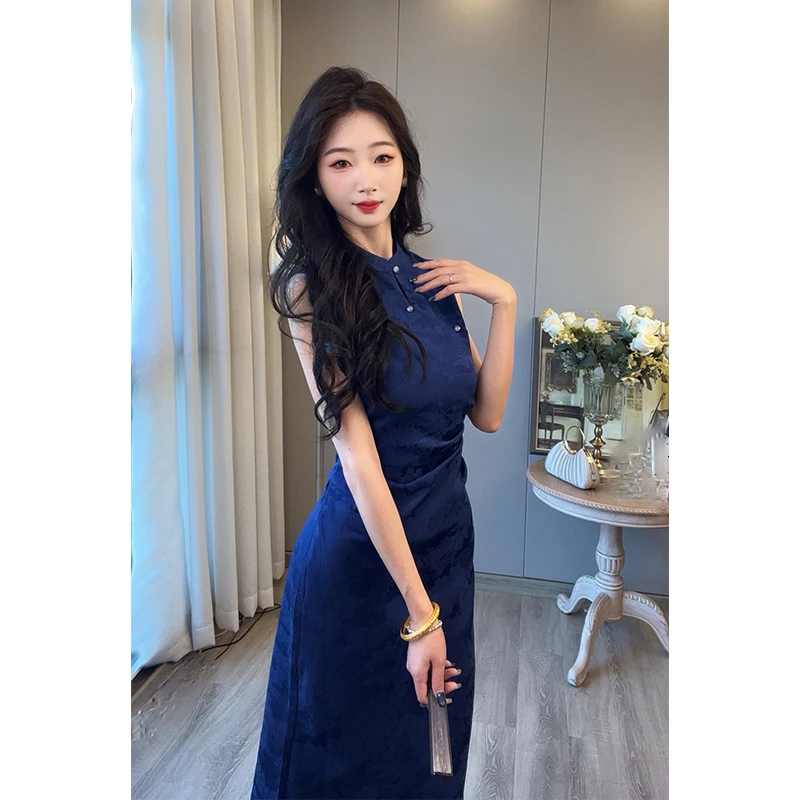 小楼家【岚夏】新中式复古国风改良旗袍连衣裙女2025夏蓝色气质长裙