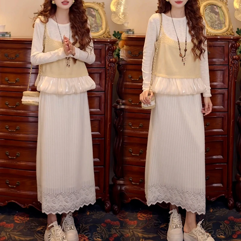 网红洋气炸街套装女2025春秋新款花苞打底衫针织马甲半身裙三件套