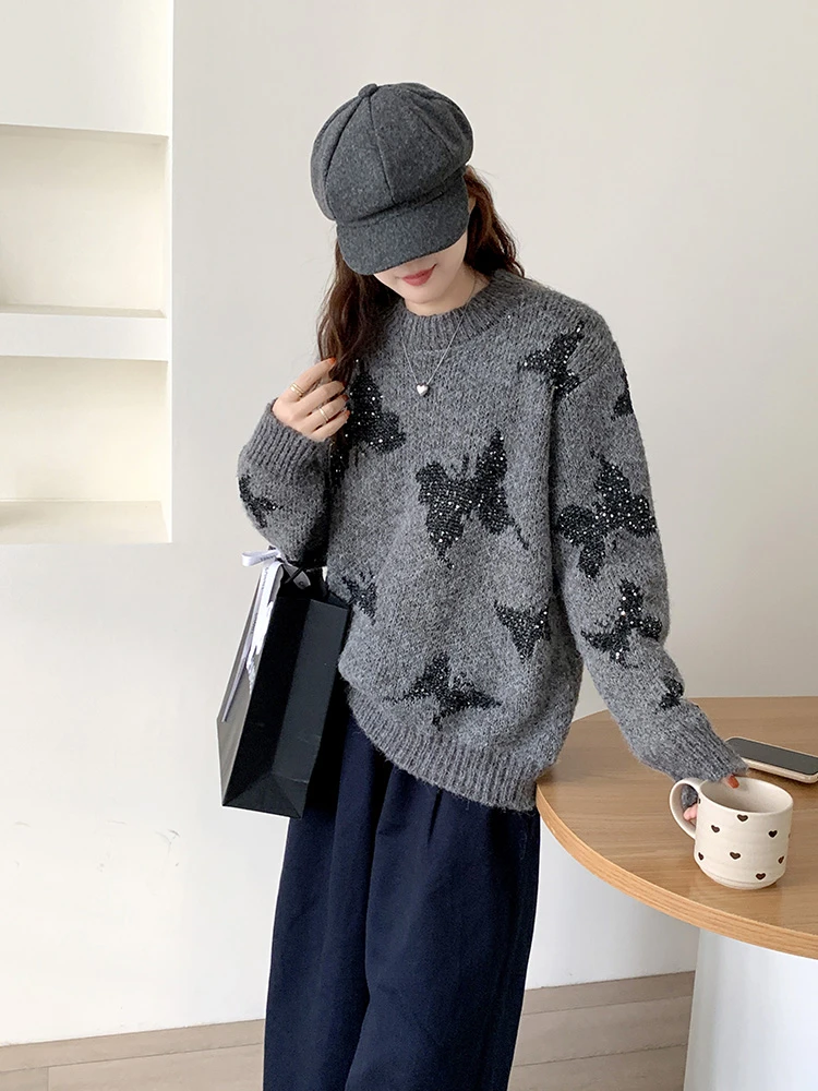 蝴蝶飞舞 秋冬时尚百搭针织衫女慵懒风加厚灰色蝴蝶毛衣CY-254370