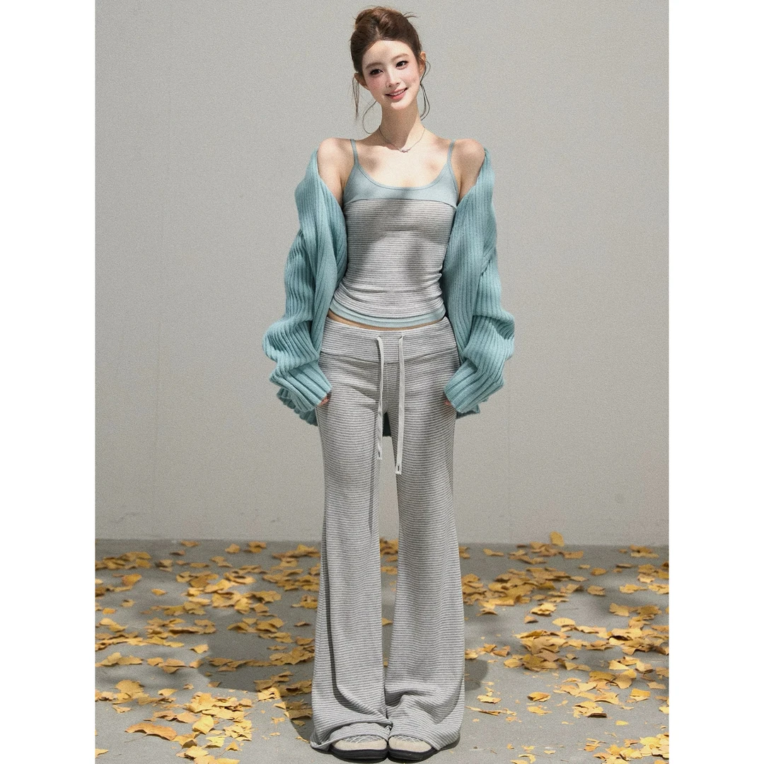 纯欲辣妹针织长袖外套女秋季撞色拼接条纹背心抽绳垂感直筒裤套装