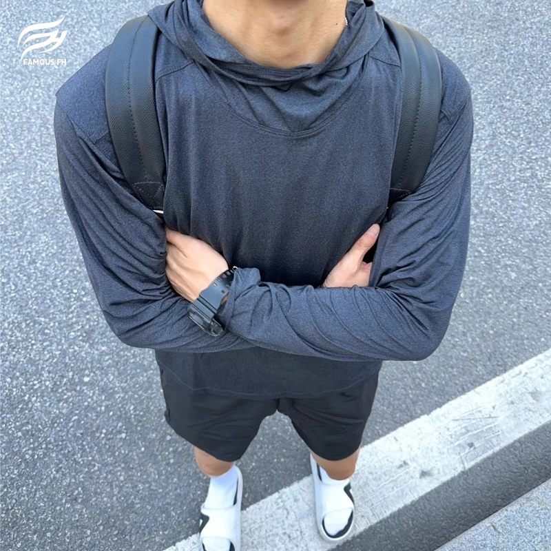 秋季新款男户外健身轻薄透气运动T恤训练跑步速干连帽衫长袖上衣