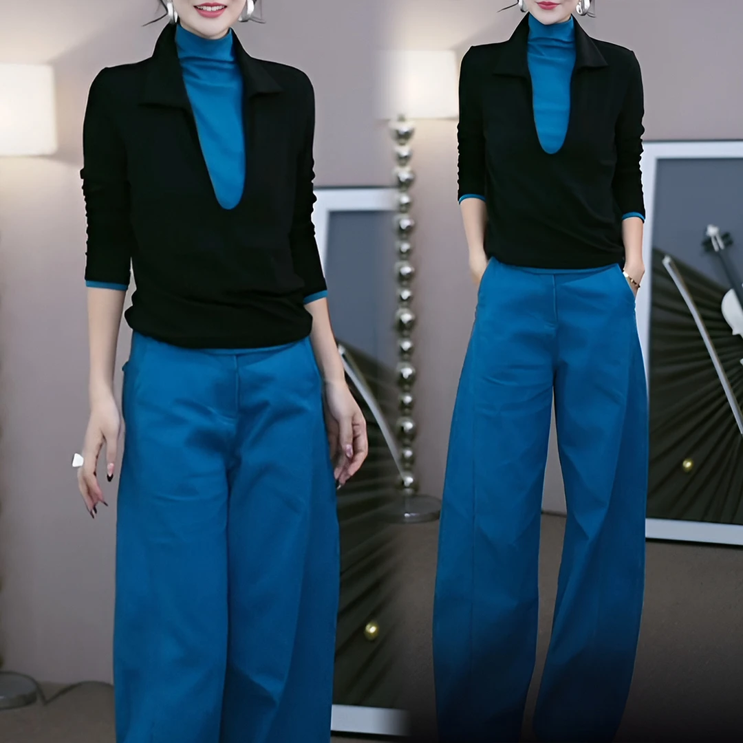 今年流行撞色拼接假两件长袖上衣显瘦百搭休闲裤秋冬两件套