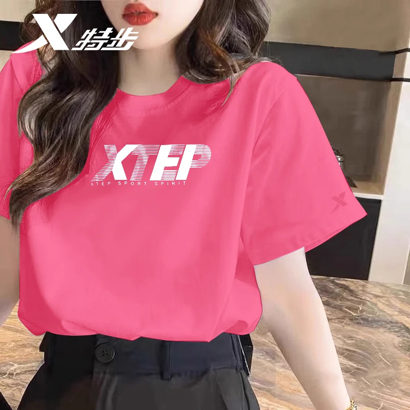 特步短袖女t恤夏季宽松大码圆领打底衫跑步休闲半袖女士上衣