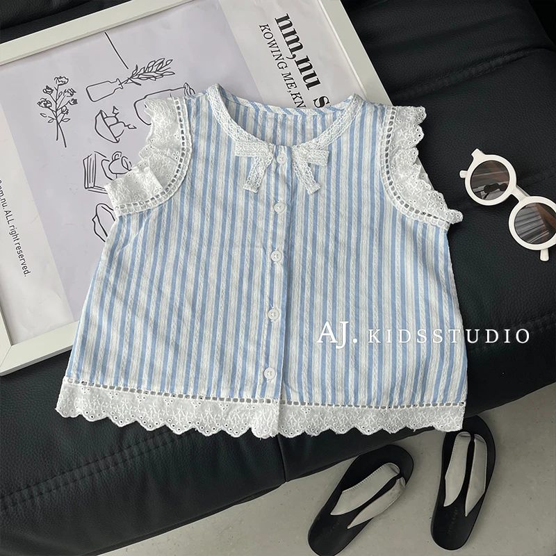 Q现【海盐汽水】阿卷夏装小清新蕾丝拼接条纹衬衫无袖上衣MPG6011