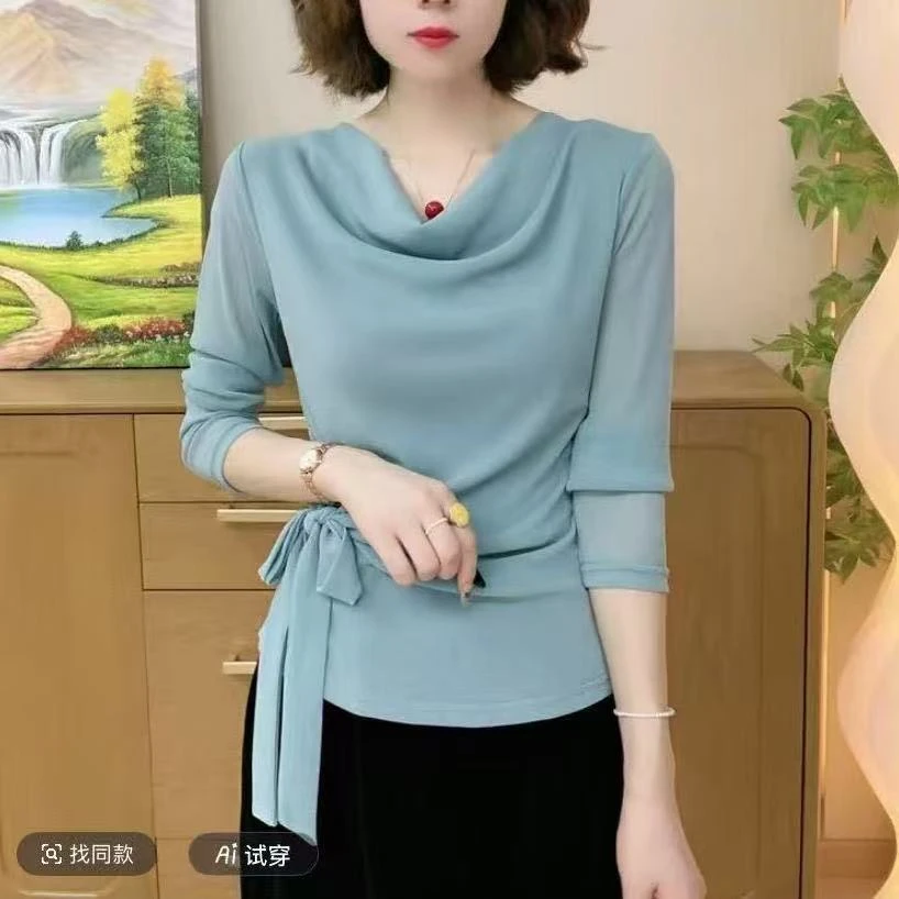 小妈风2025早秋新款时尚显瘦绑带堆堆领设计长袖气质百搭小衫