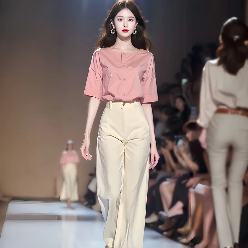 今年流行粉色衬衫杏色阔腿裤套装女2025夏季新款上衣裤子两件套