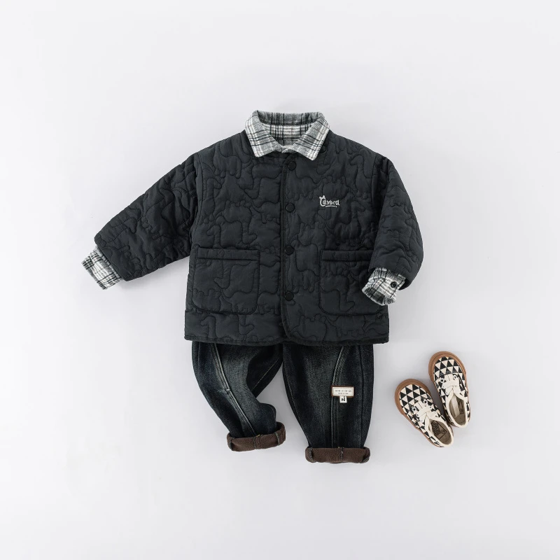 dadida/嗒嘀嗒男童拼接翻领假两件衬衫夹棉外套+504800245