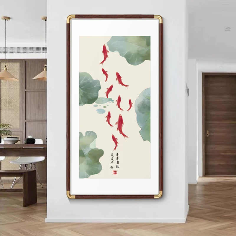 九鱼荔枝图客厅玄关装饰画走廊过道鲤鱼现代简约挂画烫金墨工艺画
