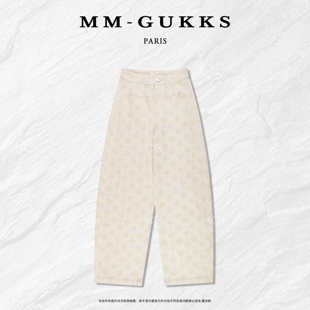 明明GUKKS『生椰拿铁』设计师轻奢金线菱格纹百搭直筒休闲牛仔裤