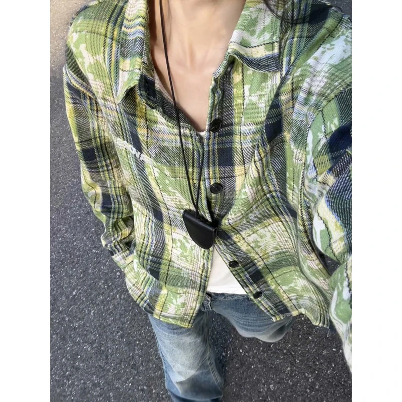 扎染绿色格子衬衫男款高级感秋季格纹长袖衬衣设计感美式情侣外套