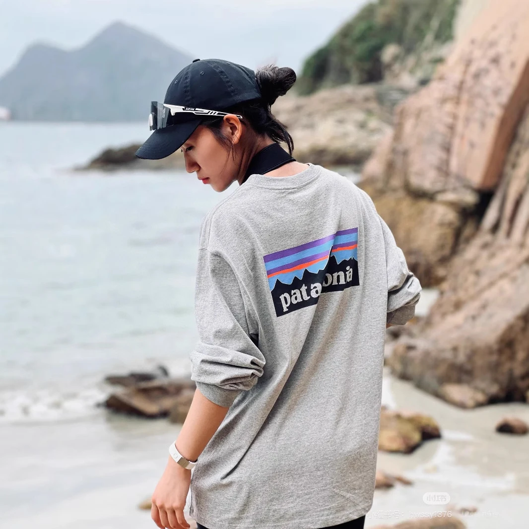 新款巴塔哥尼亚户外美式基础款长袖背山峰印花棉圆领情侣pataT恤