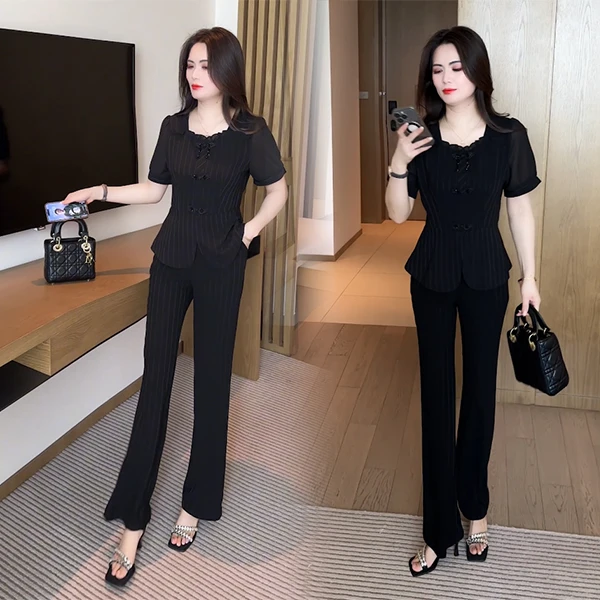 2025新款夏季新款新中式盘扣穿搭洋气时尚气质西装领减龄套装83