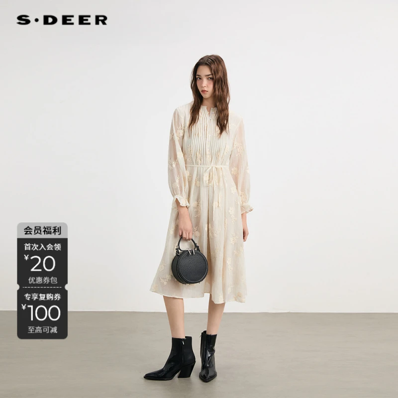 S·DEER圣迪奥女装温柔风莱赛尔刺绣层叠长袖连衣裙长裙S253Z1293