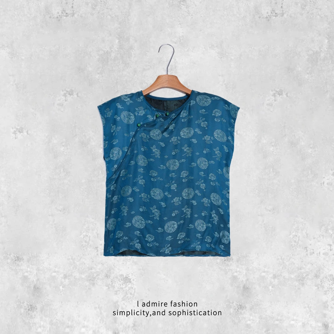 温温【烟雨】真丝国风短袖T恤夏季提花气质复古圆领上衣437339