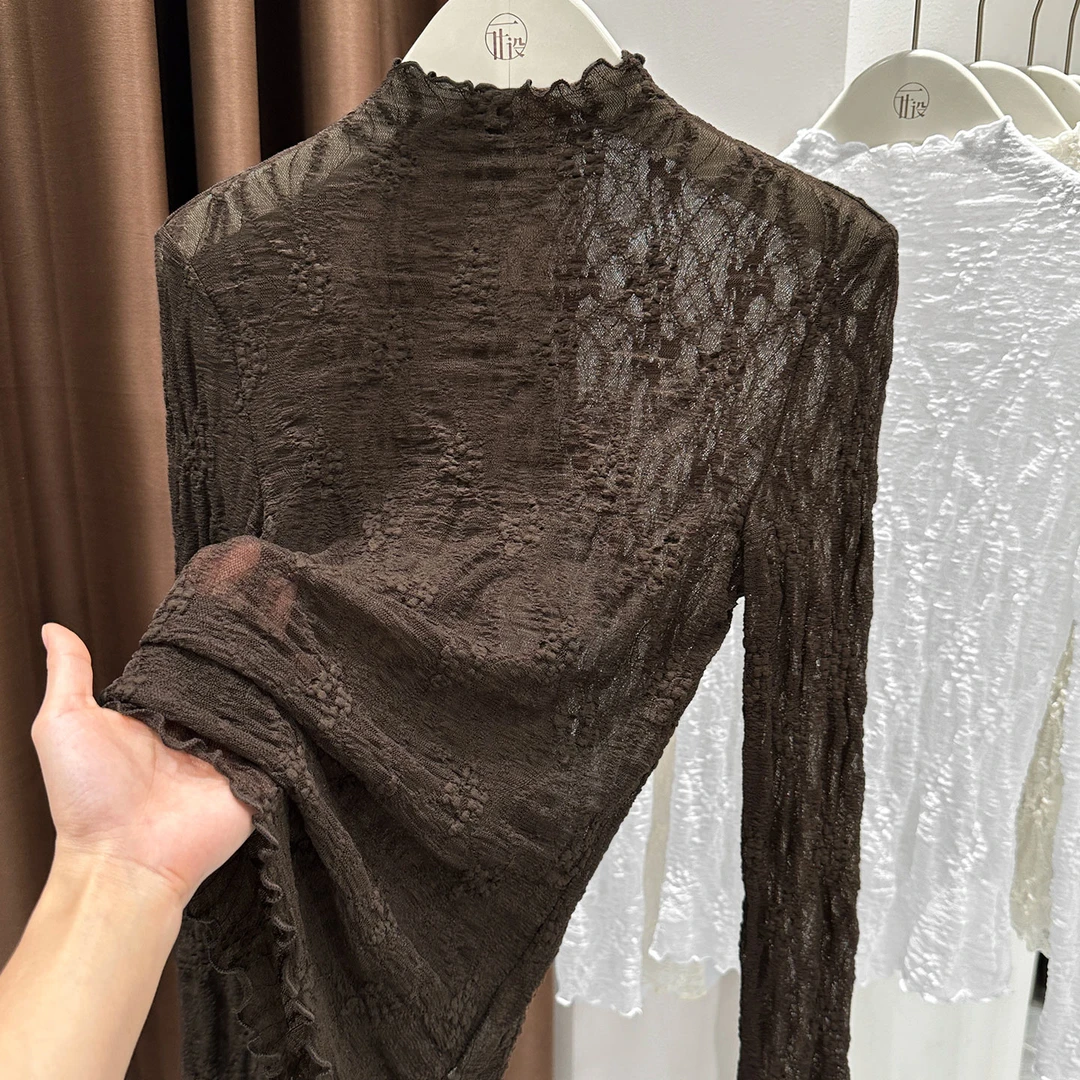 美拉德蕾丝半高领打底衫女秋冬新款高级感木耳边提花内搭洋气上衣