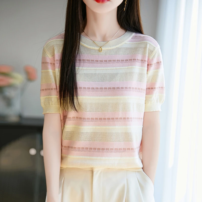 哥弟阿玛施正品宽松短袖上衣套头圆领针织衫夏季薄款圆领宽条短袖