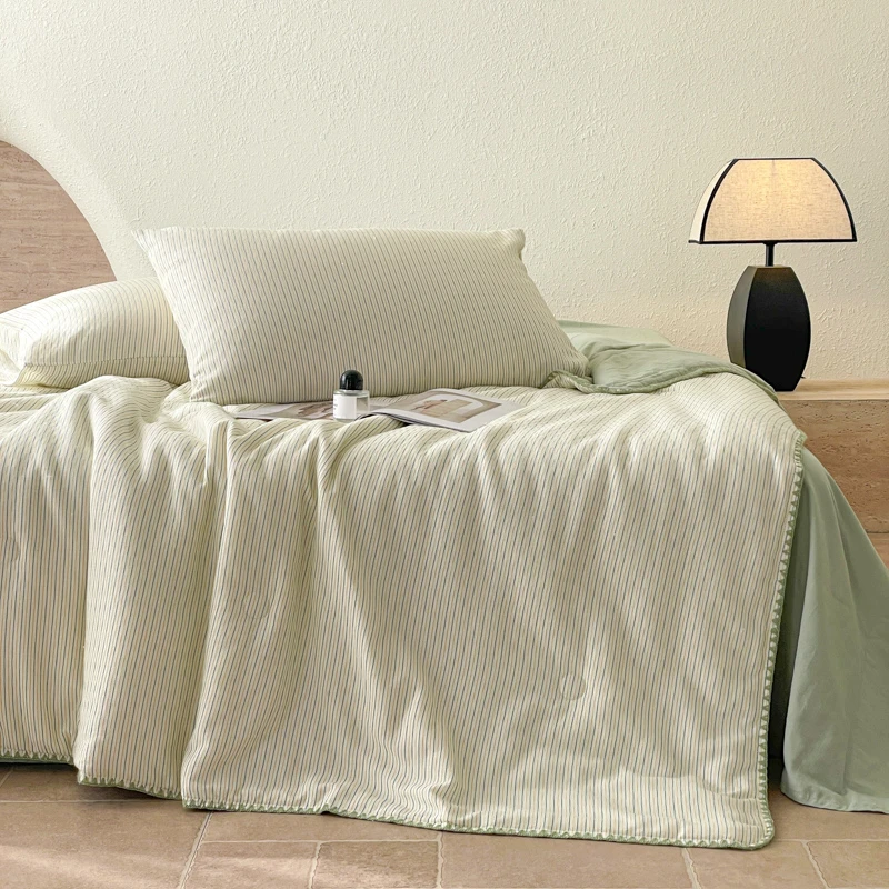 夏季新款日式全棉夏被纯棉空调被华夫格绿色织提花夏凉被简约条纹