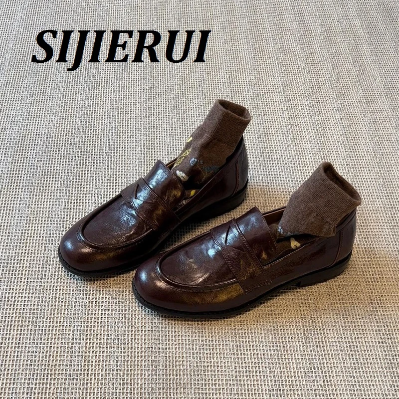 SIJIERUI复古真皮一脚蹬懒人鞋女粗跟平底单鞋英伦风小皮鞋乐福鞋