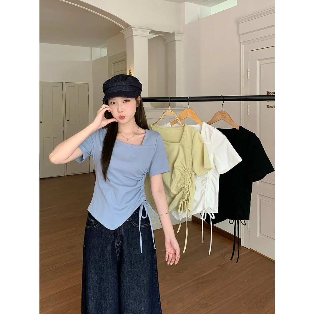 2025夏装新款胖mm大码女装设计感不规则抽绳小众短袖T恤上衣33952