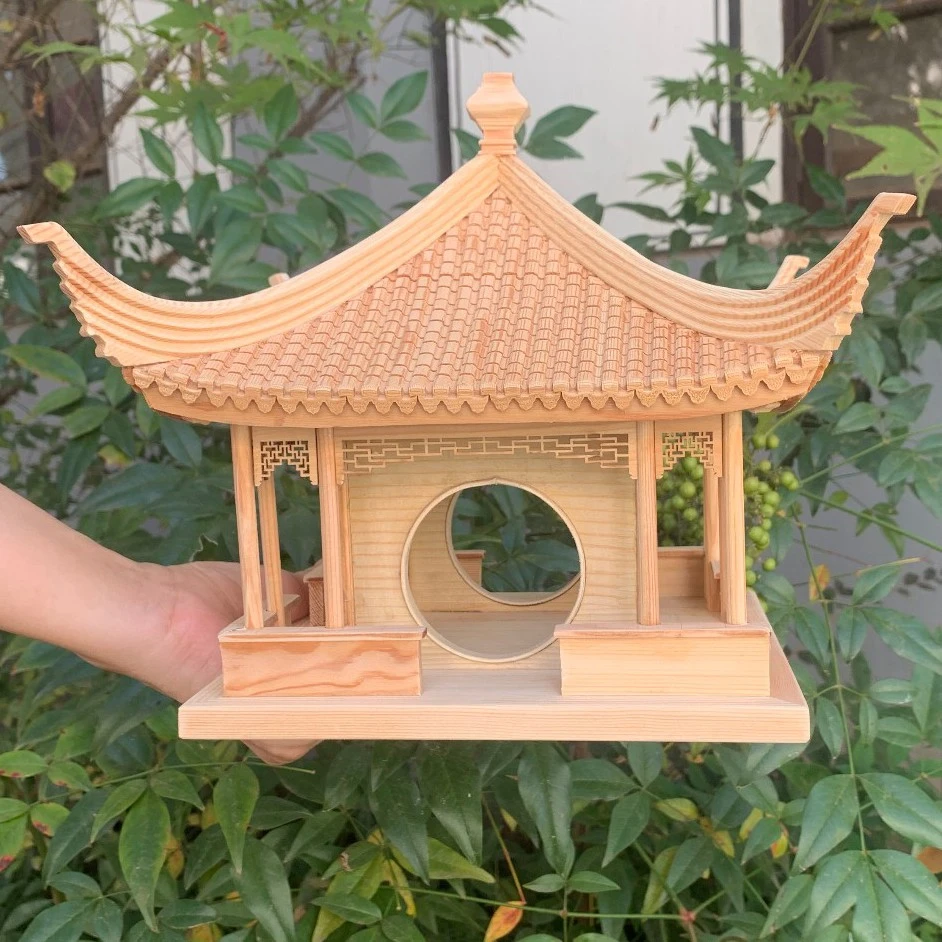 中式东阳木雕古建筑模型木制梧竹幽居四角亭桌面摆件礼品厂家直销