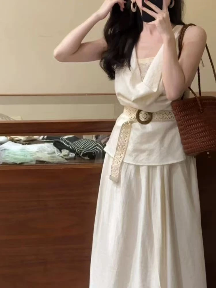 57695#2025新款时尚荡领吊带上衣半身裙两件套套装