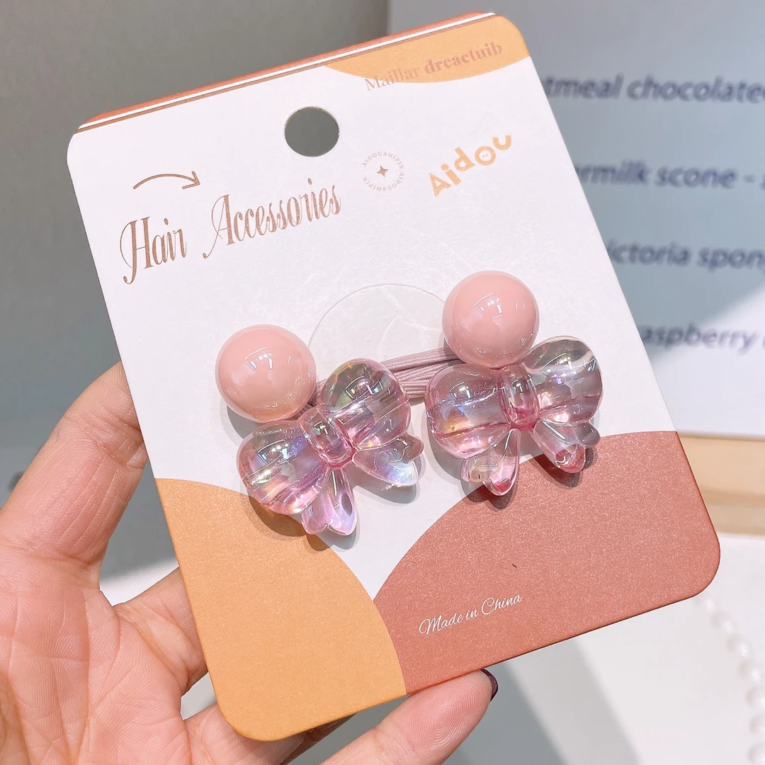 A-6445  ad 1对粉色蝴蝶结冰透高弹力不伤发绕绕头绳  儿童发饰