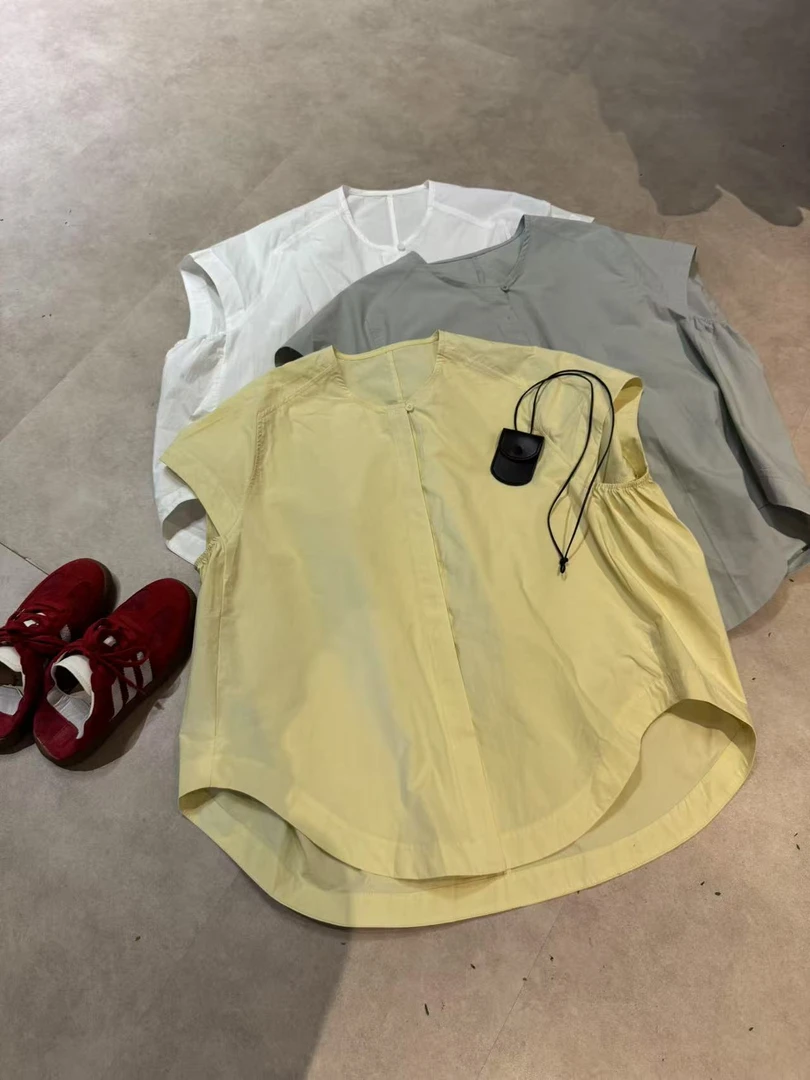 【五五定制】2025新款—春夏街头时尚个性纯色圆领无袖宽松衬衫