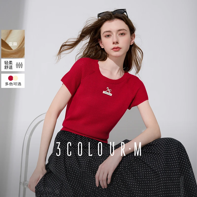 三彩2025夏季新款蝴蝶结针织衫插肩袖毛衫薄款圆领套头衫简约M