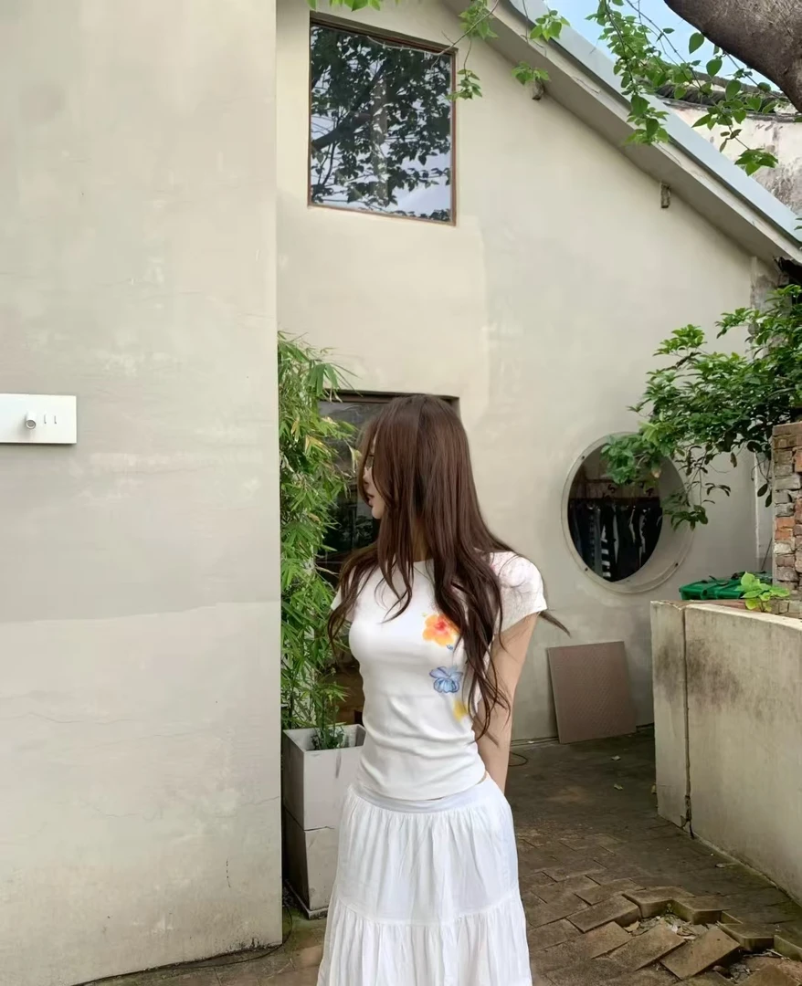 韩版趣味植物花朵印花短袖T恤女辣妹修身上衣