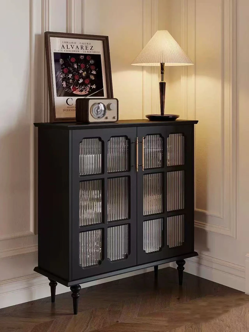 美式复古实木餐边柜墙边柜客厅黑色玄关厨房茶水柜